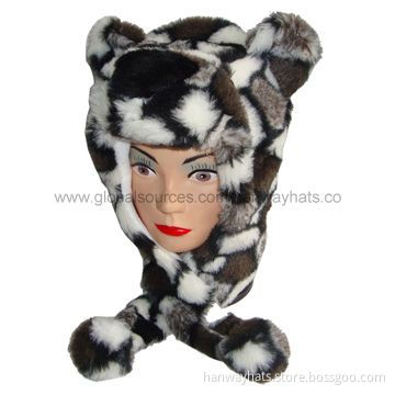Kid's Animal Winter Hats with Fake Fur and Fleece Lining, Two Round Ears